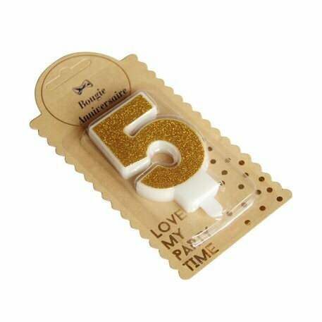 BOUGIE CHIFFRE "5" PAILLETTES OR 7.3CM AVEC BOBECHE