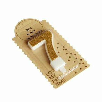 BOUGIE CHIFFRE "7" PAILLETTES OR 7.3CM AVEC BOBECHE