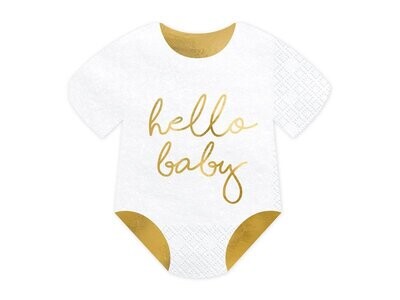 SERVIETTE FORME BODY BLANC ET OR "HELLO BABY" 16CM (x20)