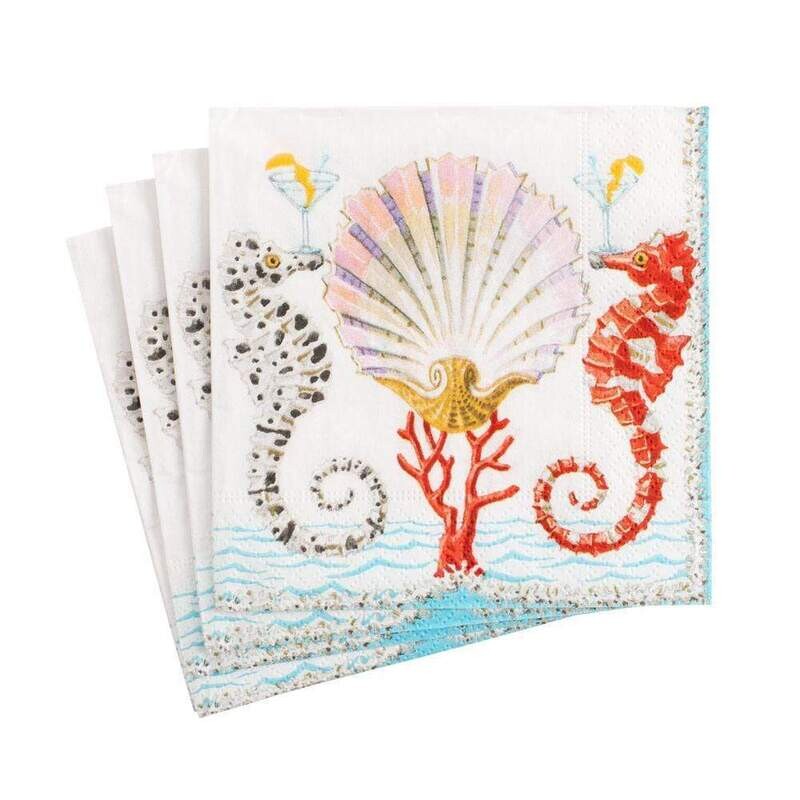 SERVIETTE COCKTAIL HIPPOCAMPE ET COQUILLAGE 25CM (x20)
