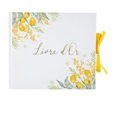 LIVRE D'OR MIMOSA CITRON FEUILLAGE ET OR 68 PAGES 22x19.5CM + RUBAN