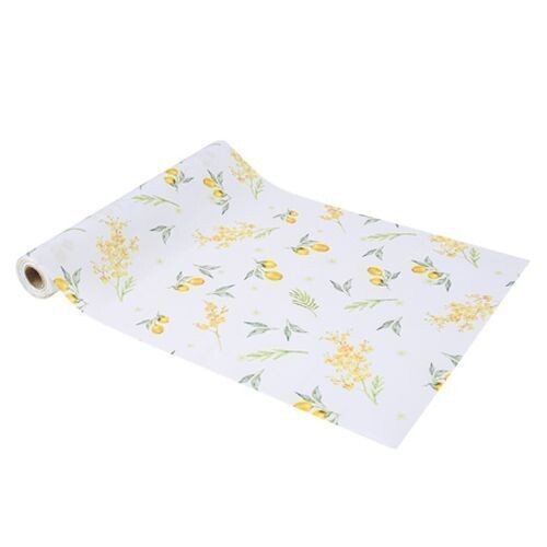 CHEMIN DE TABLE TISSU BLANC MIMOSA CITRON ET FEUILLAGE 28CMx5M