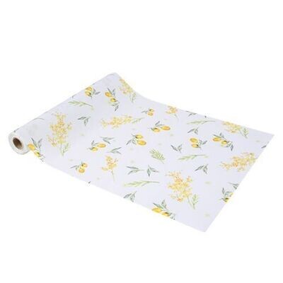 CHEMIN DE TABLE TISSU BLANC MIMOSA CITRON ET FEUILLAGE 28CMx5M