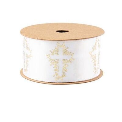 RUBAN CROIX VEGETALISE SATIN BLANC ET OR 3.8CMx10M