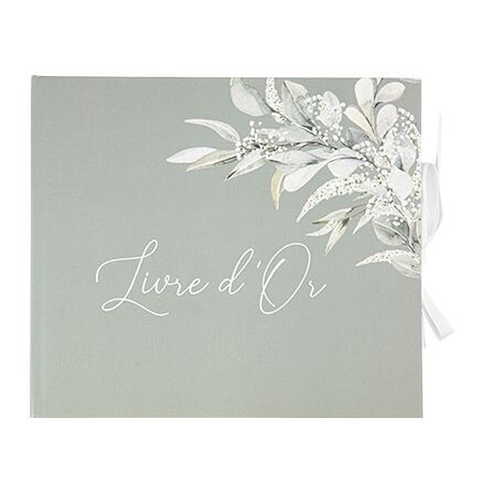 LIVRE D'OR VERT DE GRIS ET BLANC 22x19CM + RUBAN 68 PAGES