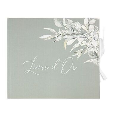 LIVRE D'OR VERT DE GRIS ET BLANC 22x19CM + RUBAN 68 PAGES