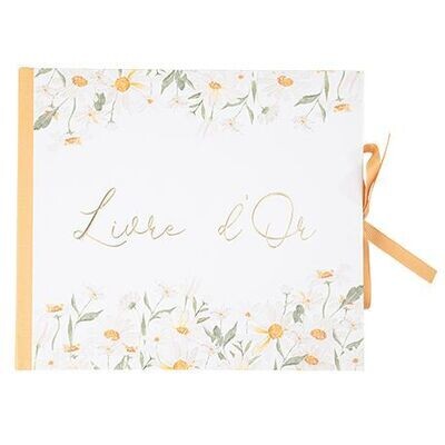 LIVRE D'OR DAISY OCRE BLANC ET OR 22x19CM + RUBAN 68 PAGES