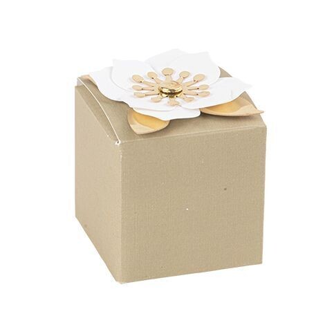 BOITE A GOODIES VERT SAUGE + FLEUR BLANCHE ET OR 5x5CM (x10)
