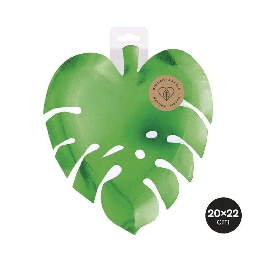 ASSIETTE FORME FEUILLE TROPICALE VERT METALISE 20x22CM (x6)