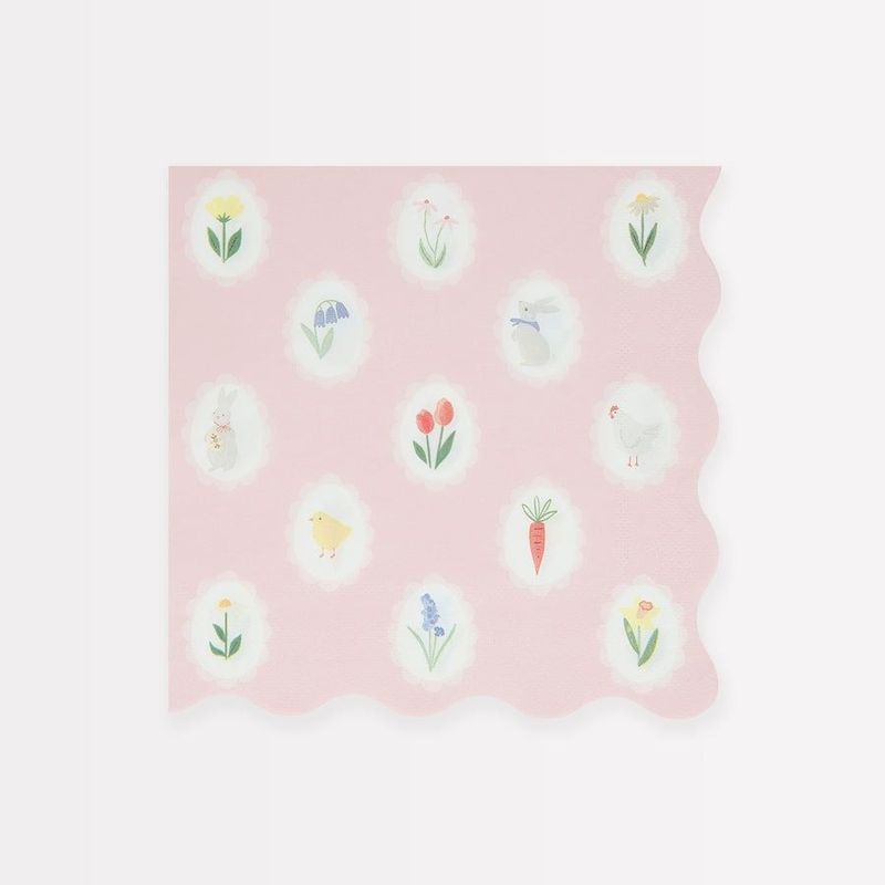 SERVIETTE ROSE PETITES FLEURS ET LAPIN BORD BISCUIT 33CM (x16)