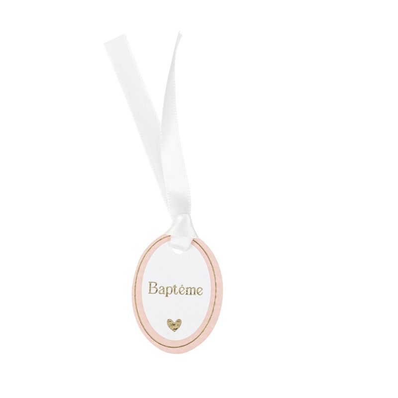 ETIQUETTE "BAPTEME" MEDAILLON ROSE BLANC ET OR 3x5CM + RUBAN SATIN (x10)
