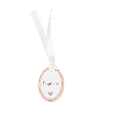 ETIQUETTE ETIQUETTE "BAPTEME" MEDAILLON ROSE BLANC ET OR 3x5CM + RUBAN SATIN (x10)
