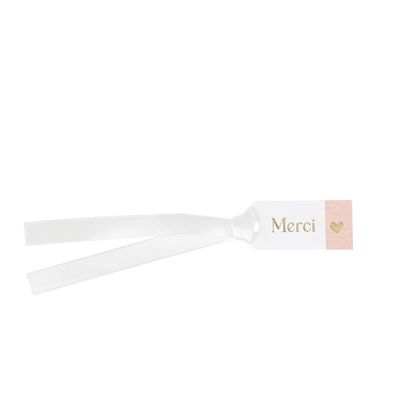 ETIQUETTE "MERCI" BLANC ROSE ET OR 4.5x2CM + RUBAN SATIN