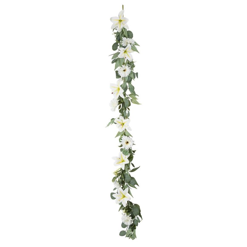 GUIRLANDE DE FLEURS DE LYS, MARGUERITES ET FEUILLAGE 1.50M