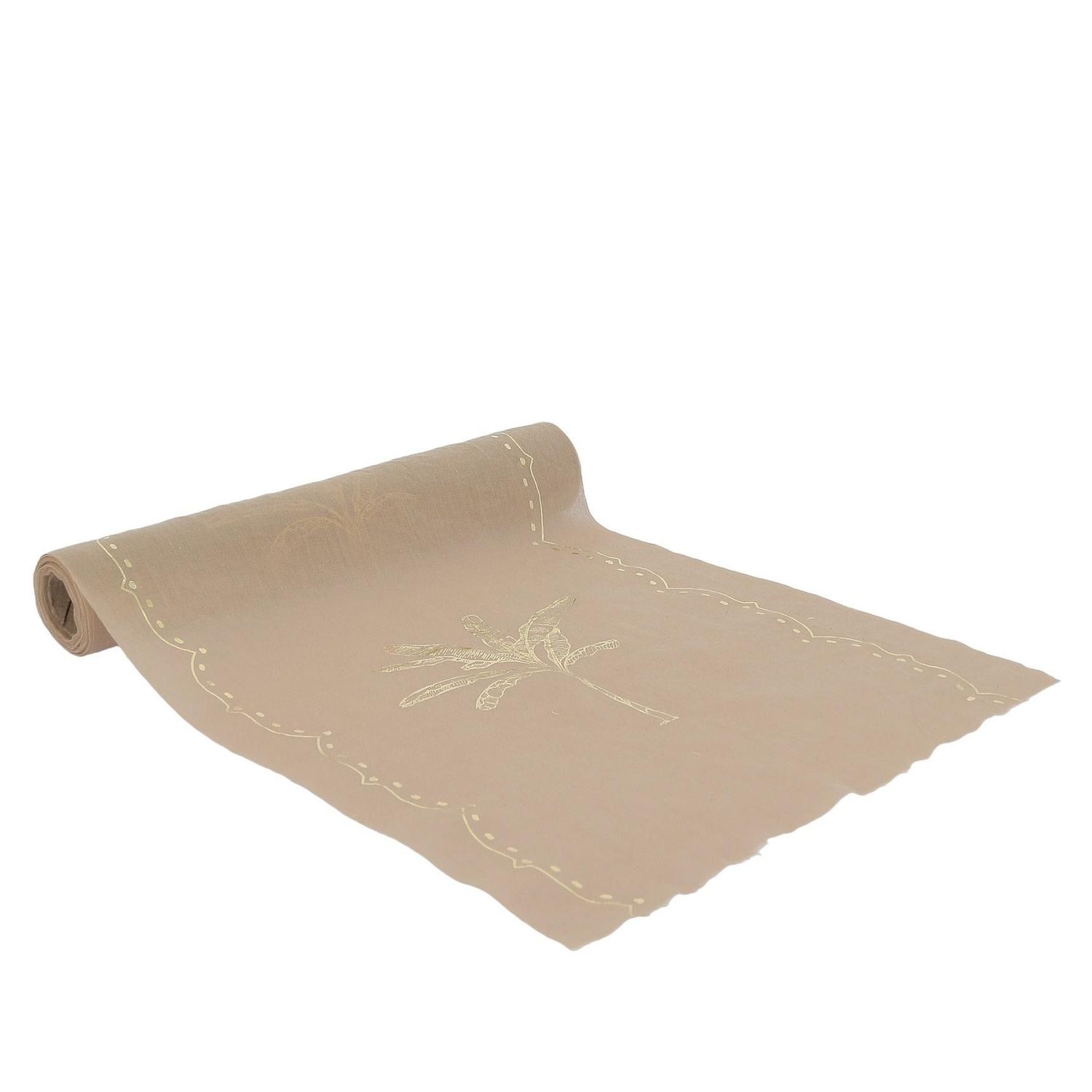 CHEMIN DE TABLE TISSU CREME PALMIER ET LISERE OR 28CMx5M