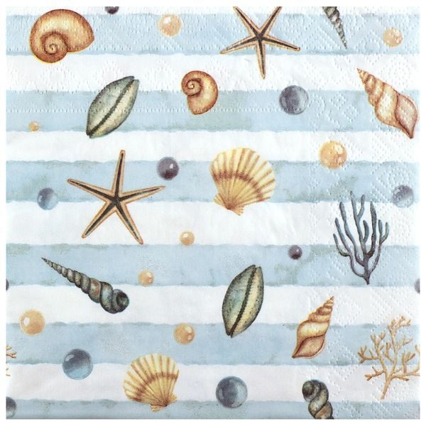 SERVIETTE RAYEE BLANC ET BLEU COQUILLAGES 33CM (x20)
