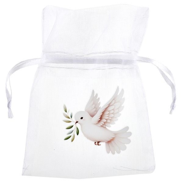 POCHON ORGANDI BLANC COLOMBE ET RAMEAU 7.5x10CM (x4)