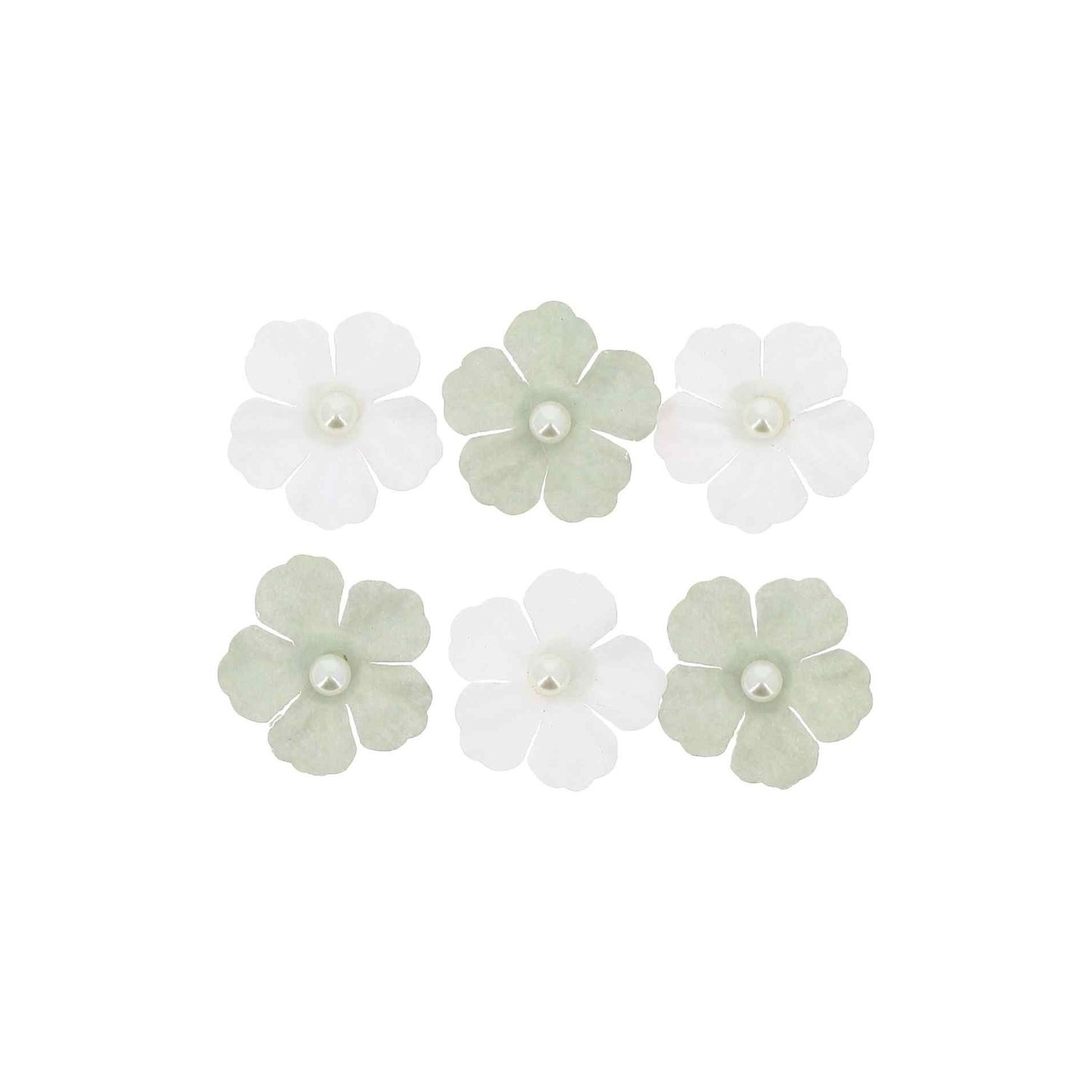 FLEURS EN PAPIER VERT DE GRIS ET PERLES NACREES 3CM AVEC ADHESIFS