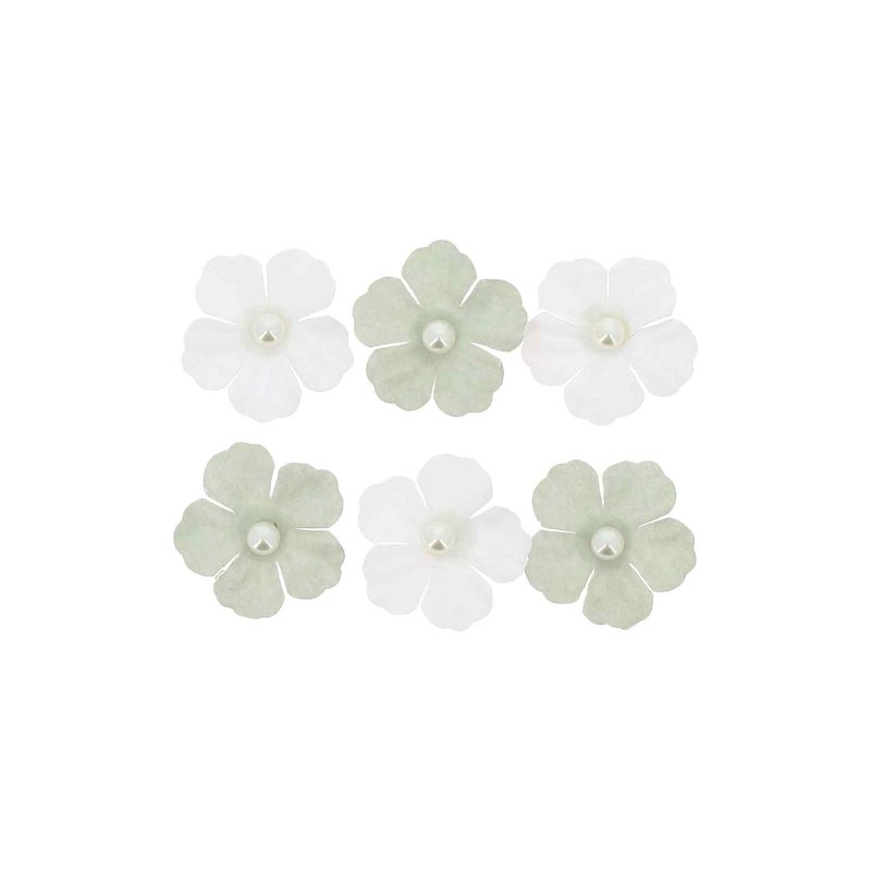 FLEURS EN PAPIER VERT DE GRIS ET PERLES NACREES 3CM AVEC ADHESIFS