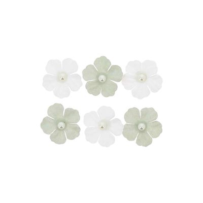 FLEURS EN PAPIER VERT DE GRIS ET PERLES NACREES 3CM AVEC ADHESIFS