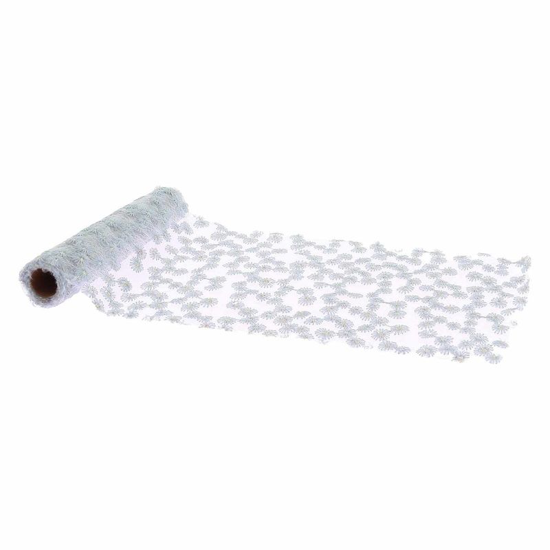 CHEMIN DE TABLE LE DAISY FLEURI VOILE BRODE BLEU ORAGE ET OR 24CMX3M