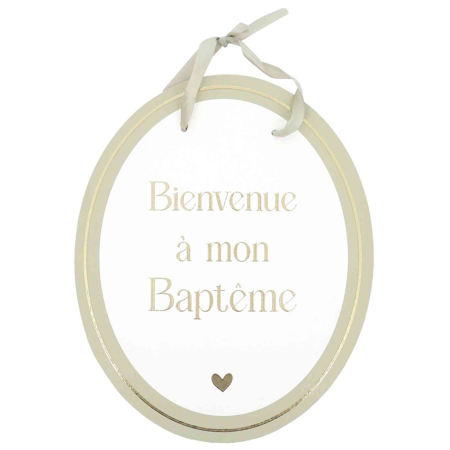 PANNEAU BIENVENUE A MON BAPTEME CARTON VERT DE GRIS BLANC ET OR