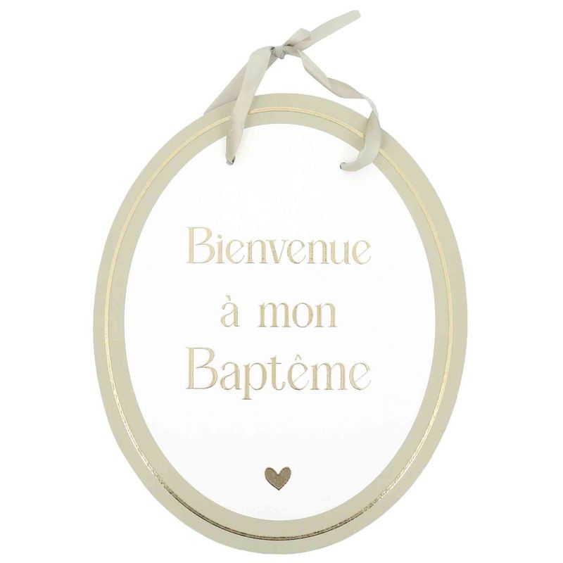 PANNEAU BIENVENUE A MON BAPTEME CARTON VERT DE GRIS BLANC ET OR
