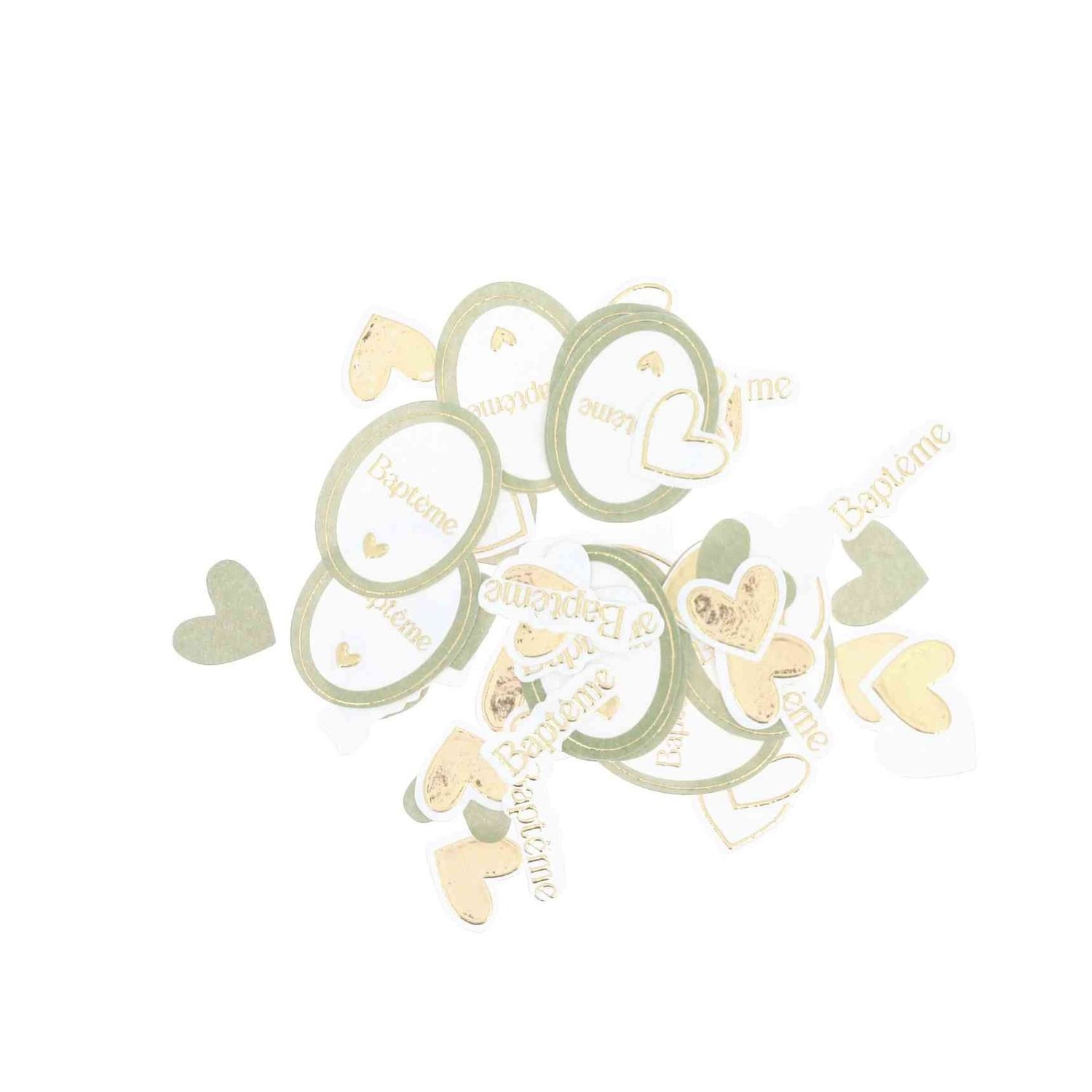 CONFETTIS BAPTEME PAPIER VERT DE GRIS BLANC ET OR (100)