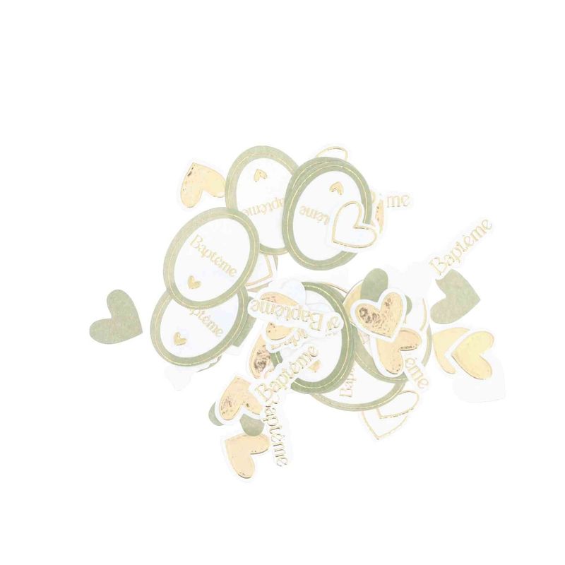 CONFETTIS BAPTEME PAPIER VERT DE GRIS BLANC ET OR (100)