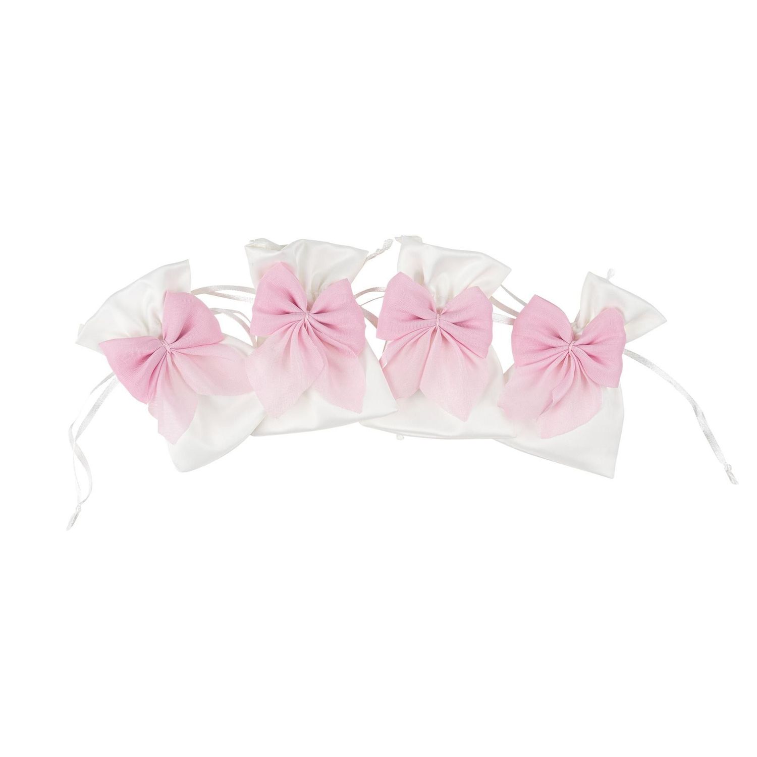 POCHONS SATIN BLANC ET NOEUD MOUSSELINE SCINTILLANTE ROSE 8X10CM (4)