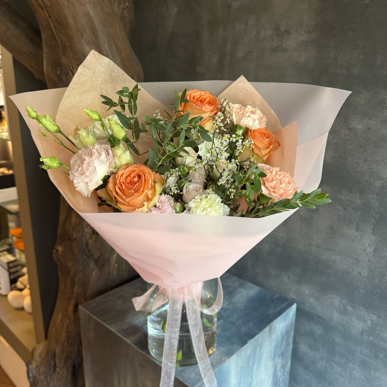 Lisianthus, Rose and Eucalyptus Bouquet