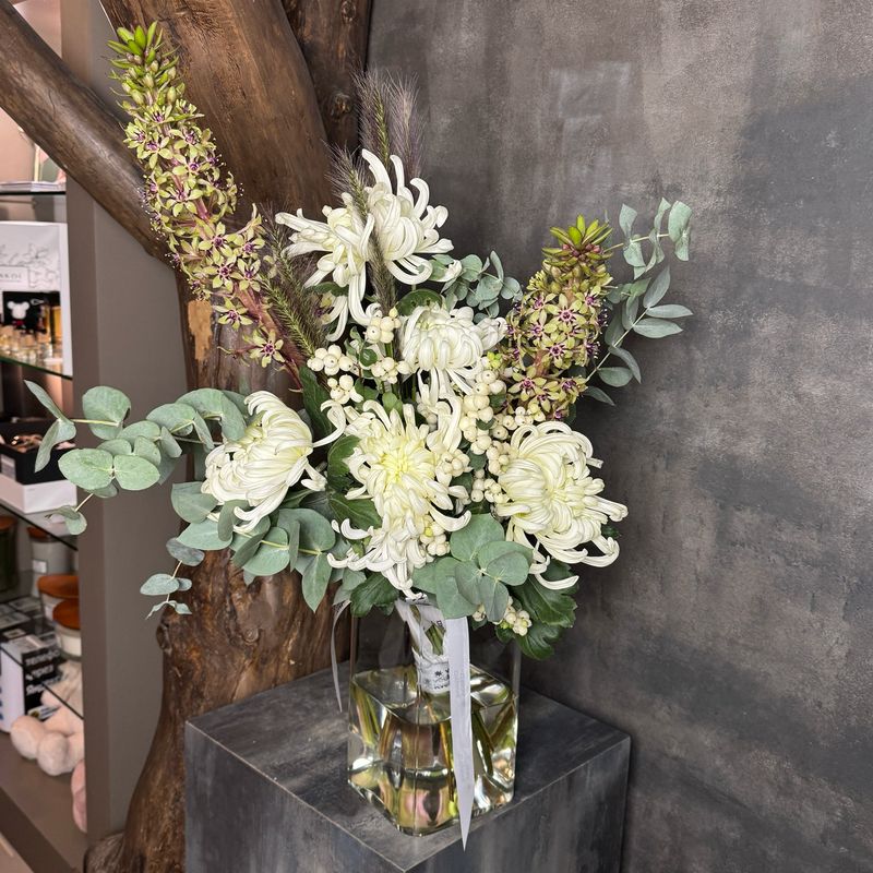 Chrysanthemum, Snowberry and Eucalyptus Bouquet Chrysanthemum, Snowberry and Eucalyptus Bouquet