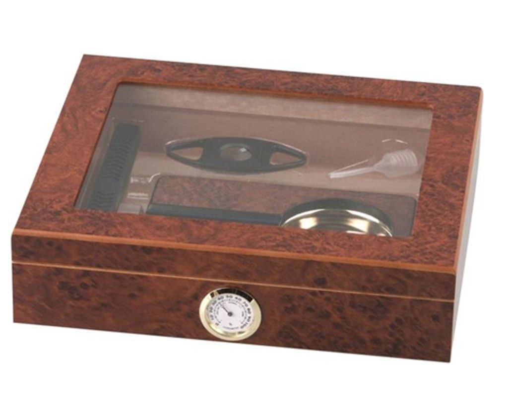 Humidor Burlwood Set Glastop 15 Sigaren Humidor Burlwood Set Glastop 15 Sigaren
