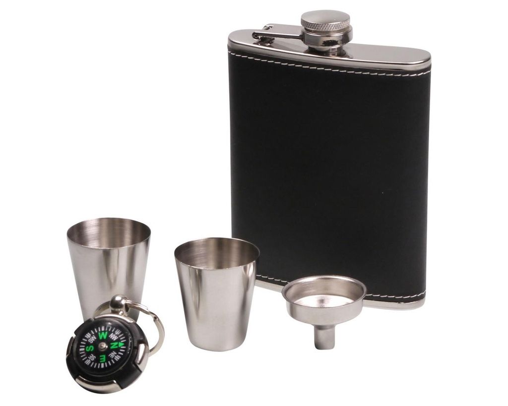 Zakfles Set Chrome Leder Zwart 7oz Zakfles Set Chrome Leder Zwart 7oz