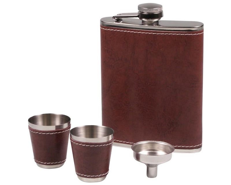 Zakfles Set Chrome Leder Bruin 7oz Zakfles Set Chrome Leder Bruin 7oz