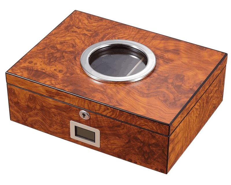 Humidor Burl Fineer Mat Rond Glas - 50 Sigaren Humidor Burl Fineer Mat Rond Glas - 50 Sigaren