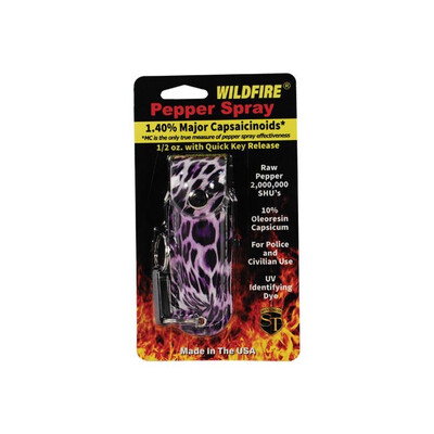Wildfire 1.4% MC 1/2 oz pepper spray fashion leatherette holster and quick release keychain leopard black/purple