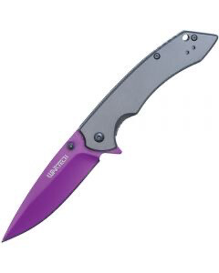 Assisted Open Folding Pocket Knife with Grey handle and Purple Blade