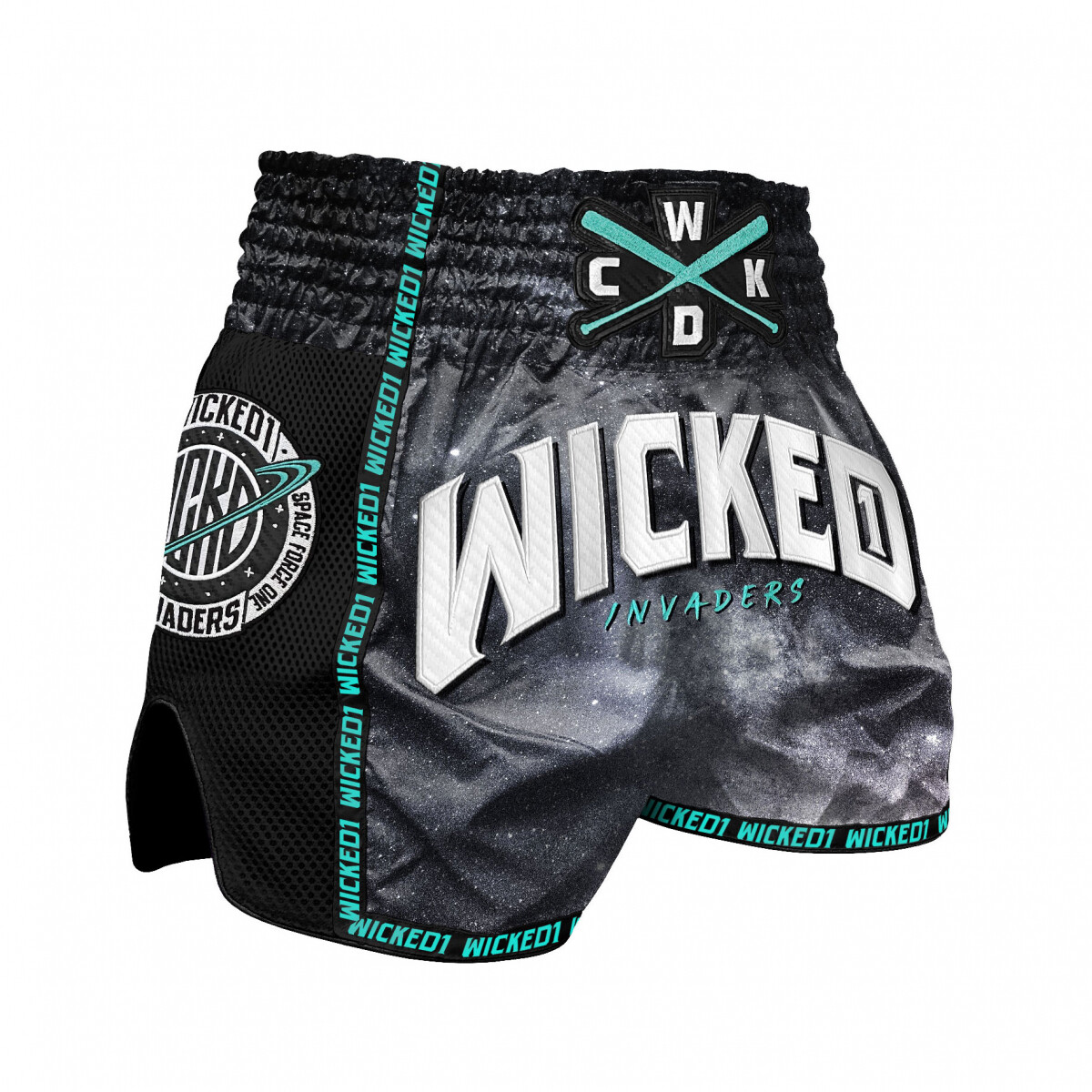 WICKED01 MUAY THAI SHORT INVADERS BLACK - TURQUOISE