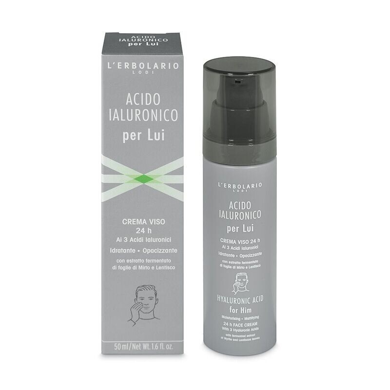 Acido Ialuronico per Lui - Crema Viso 24 h Ai tre Acidi  Ialuronici Idratante • Opacizzante 50 ml.