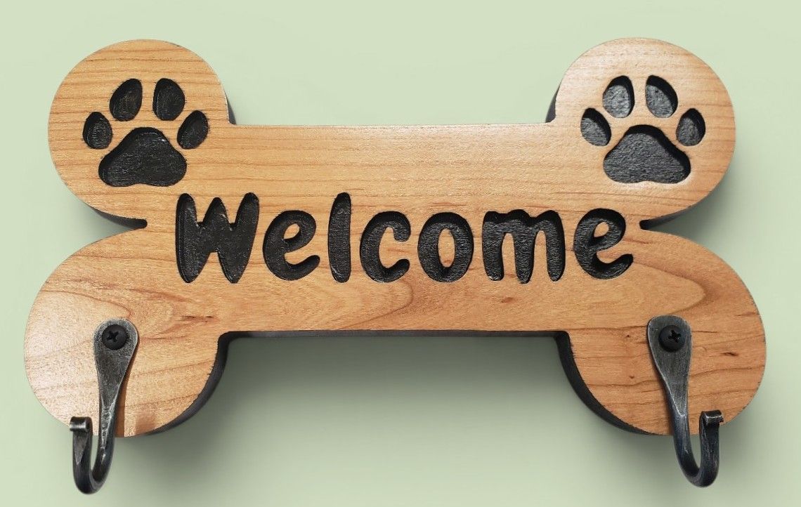 Handcrafted Dog Bone Handcrafted Dog Bone "Welcome" Sign with Wrought Iron Hooks