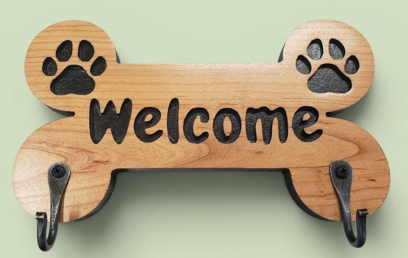 Handcrafted Dog Bone "Welcome" Sign with Wrought Iron Hooks