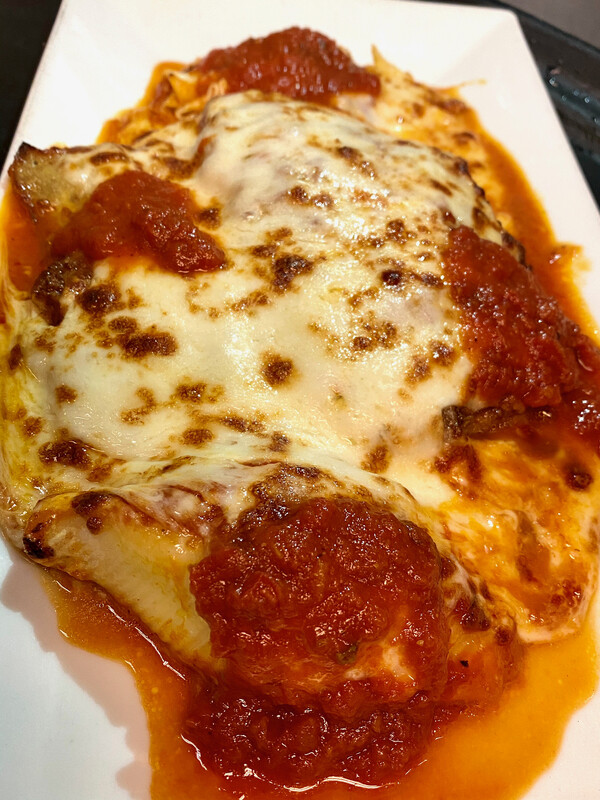 13 Lucky Special  Chicken & eggplant parmigiana with two stuffed shells