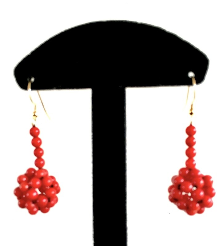 Long red beaded ball earrings