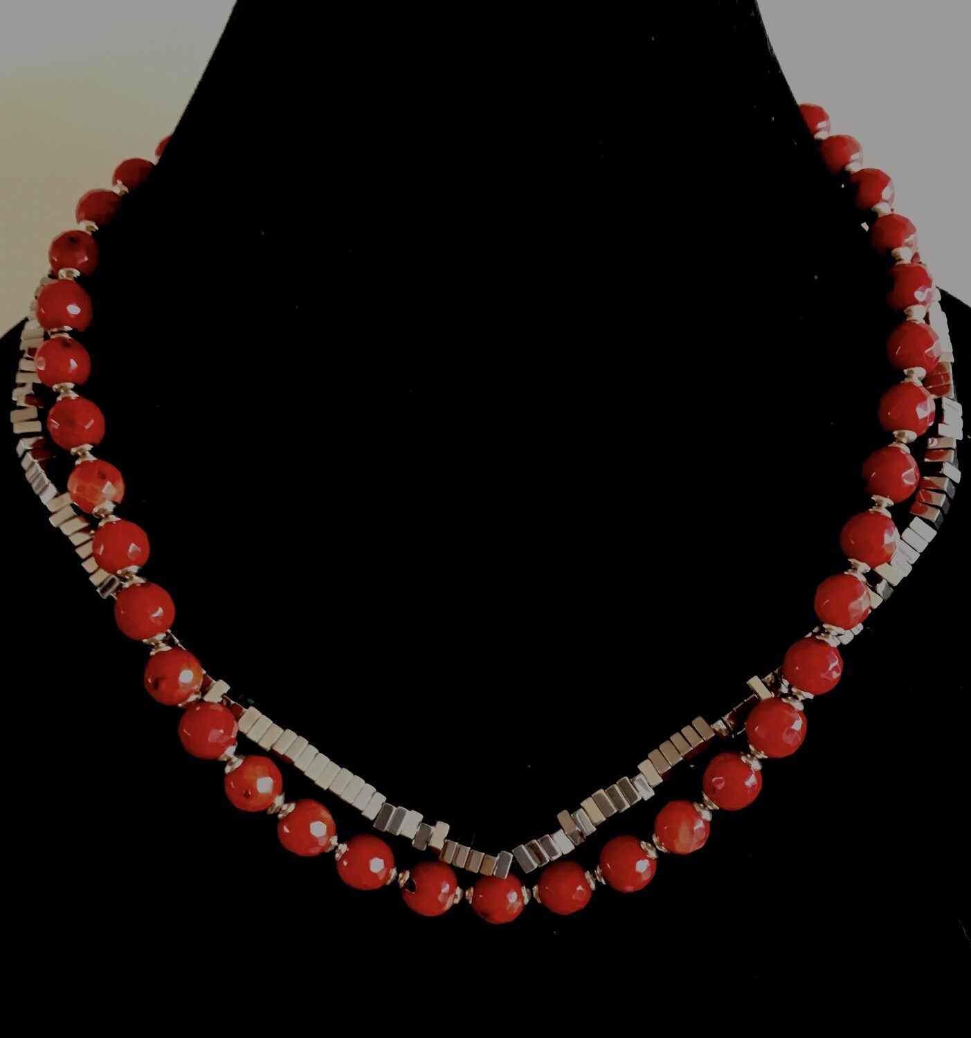 Red glass and silver plated cubed beads necklace