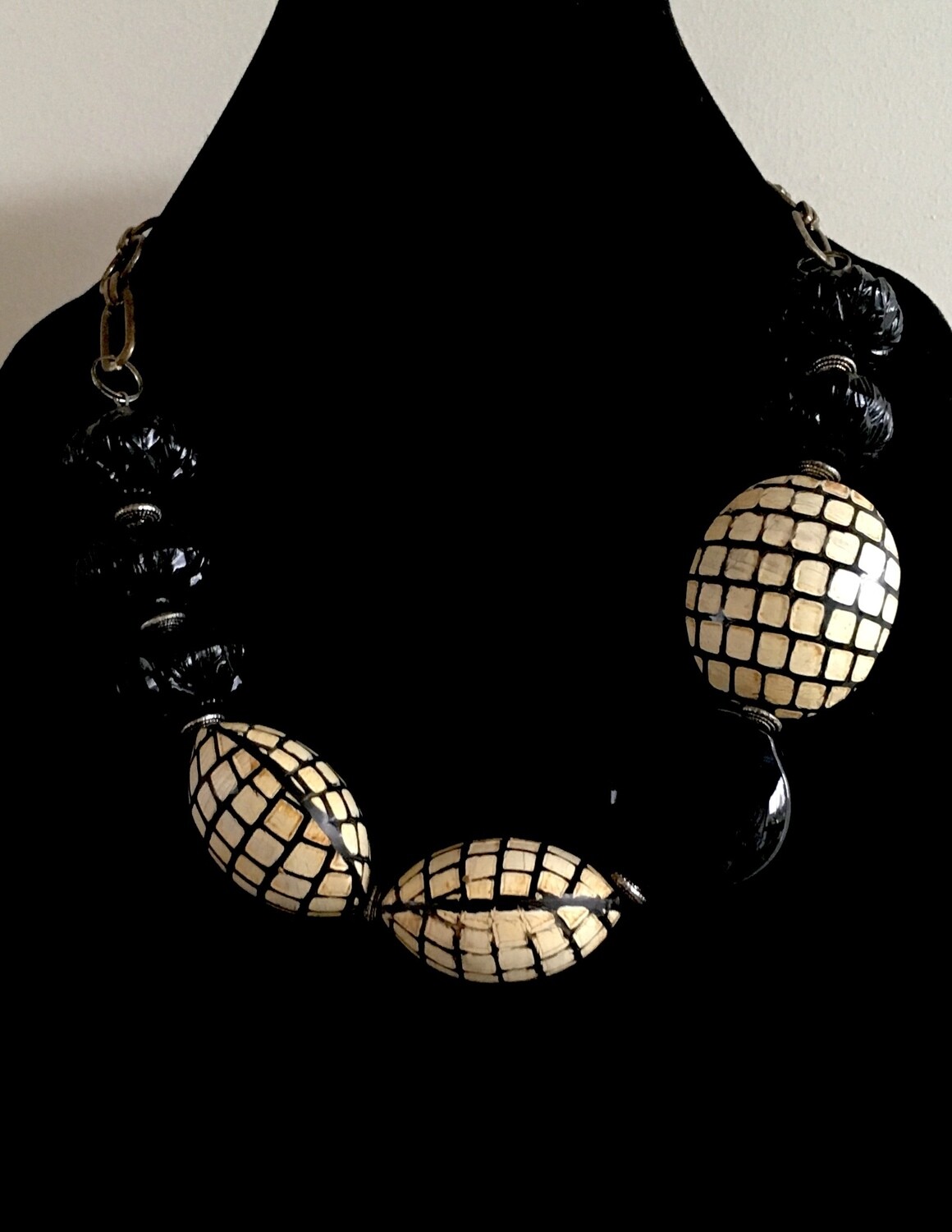 Black glass and seed  beads necklace ( with large bronze chain)