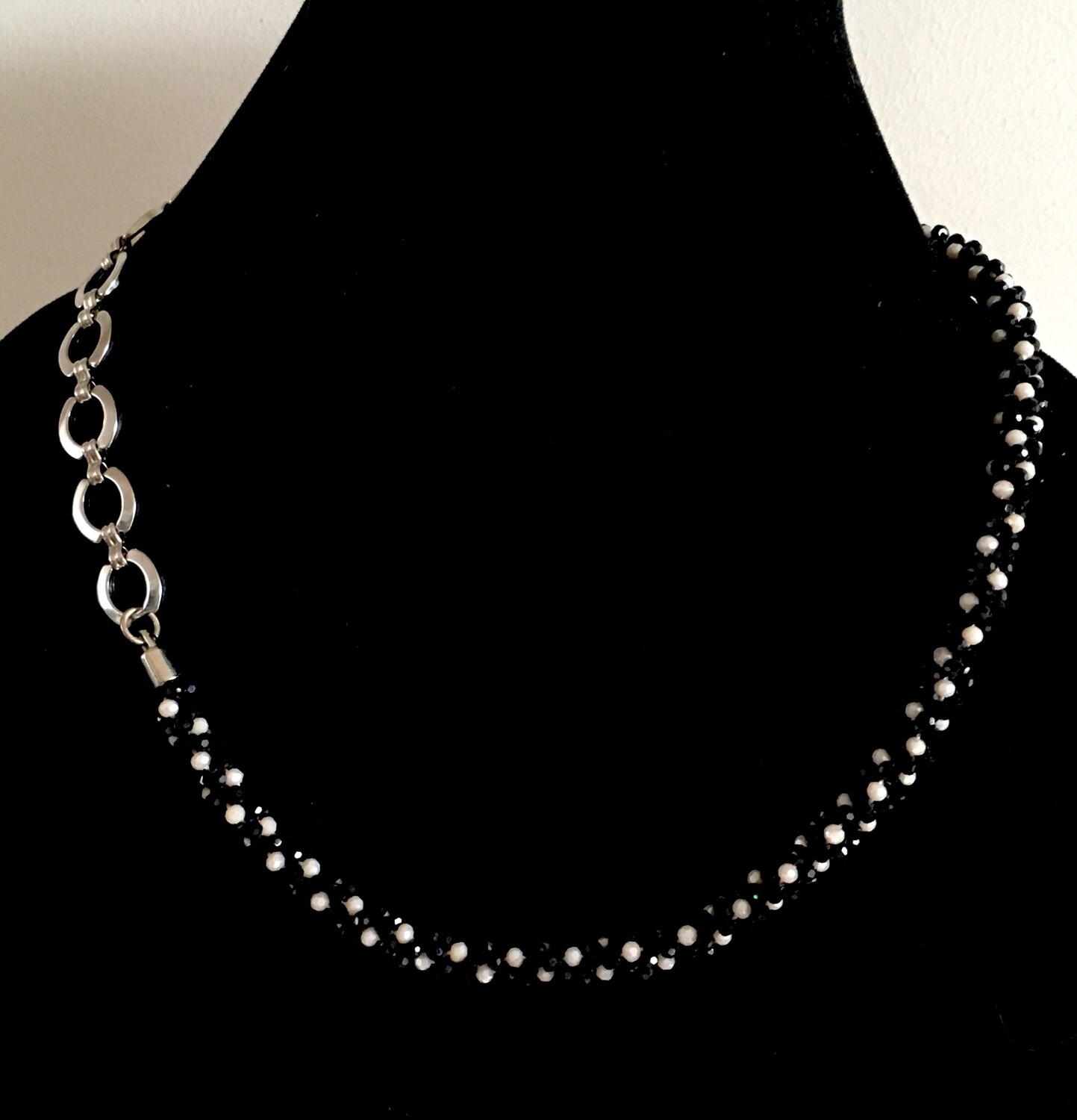 Black and white Kumihumo and silver plated chain necklace