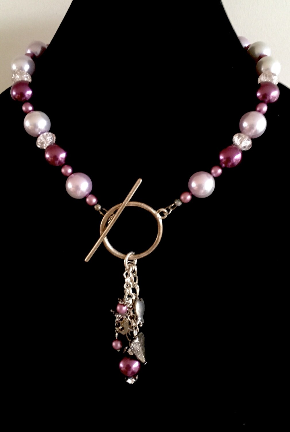 Coloured cultured Pearl and crystal beads necklace ( with plated silver and pearls pendant/ lock)