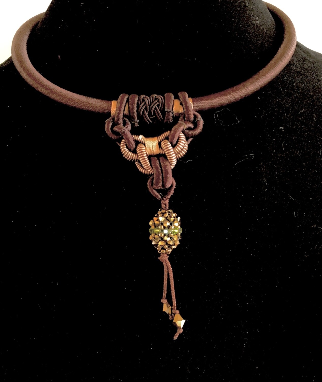 Brown leather cord necklace ( with woven cord and Swarovski crystal ball pendant)