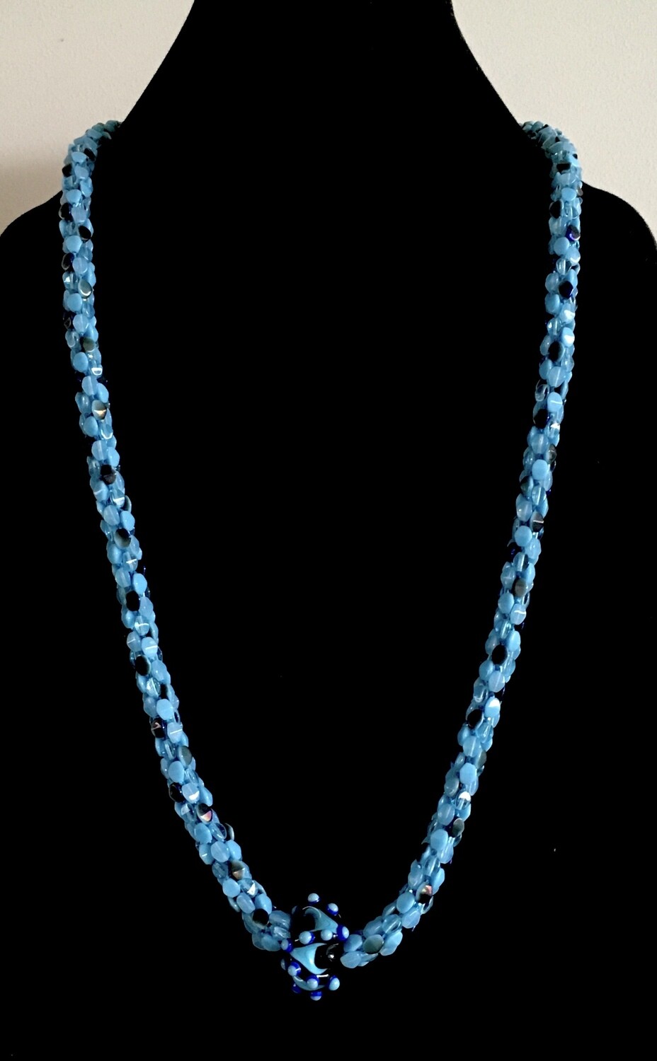 Blue and black flat beads Kumihumo necklace ( with hand made glass bead pendant)